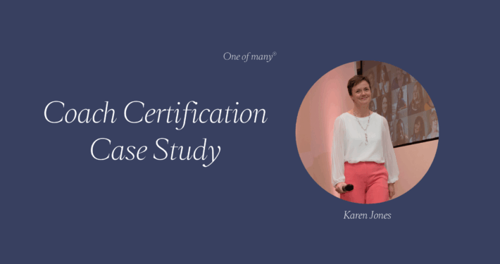 Blue banner with circle image of Karen Jones and text overlay Coach Certification Case Study.