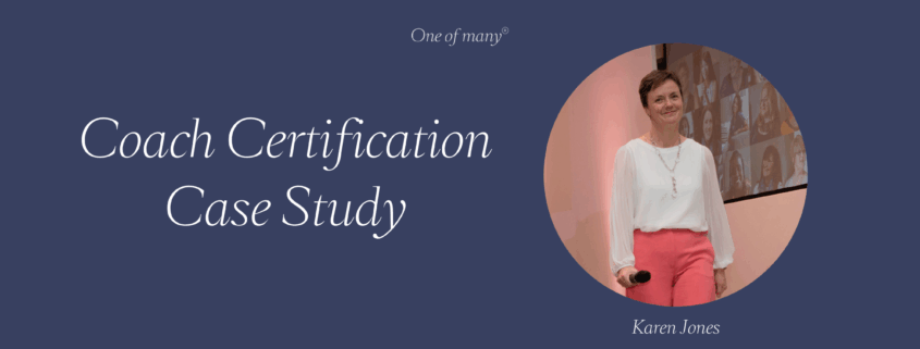 Blue banner with circle image of Karen Jones and text overlay Coach Certification Case Study.