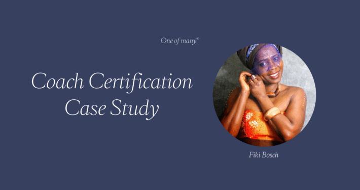 Blue banner with circle image of Fiki Bosch and text overlay Coach Certification Case Study.