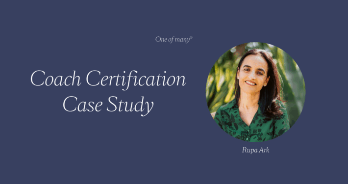 Blue banner with circle image of Rupa Ark and text overlay Coach Certification Case Study.
