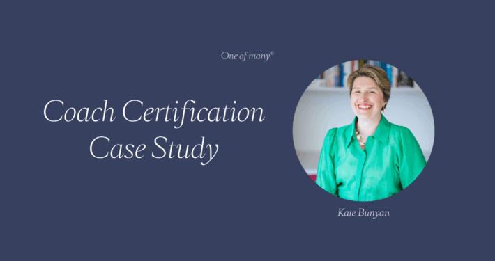 Blue banner with circle image of Kate Bunyan and text overlay Coach Certification Case Study.